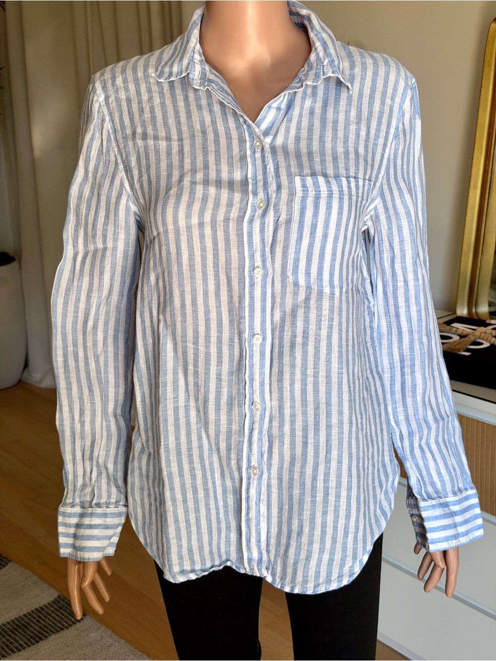H&M Light Blue and White Striped Button-Up linen Shirt - Womens